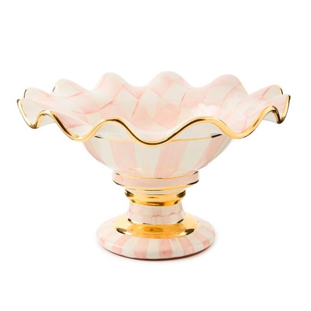 NEW Mackenzie-Childs Rosy Check Ceramic Compote Bowl 12.5" in Original Box